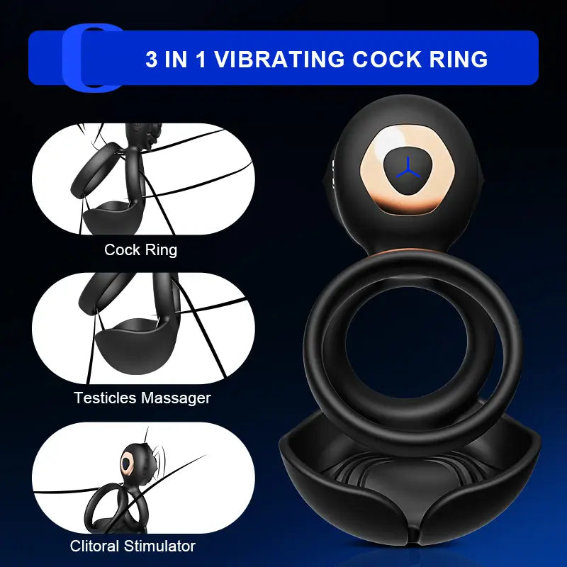 Vibrerende testikel-, perineum- en clitorisstimulator 3‑in‑1 penisring